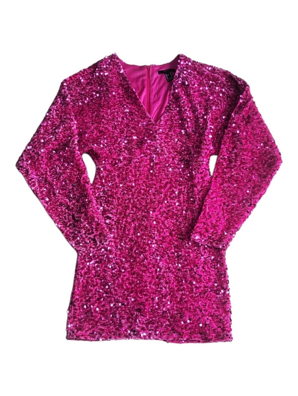 Forever 21 Hot Pink Sequin V-Neck Long Sleeve Mini Dress - Picture 3 of 8
